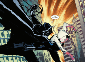 Spider-Gwen: The Ghost-Spider #8. Black Tarantula swings to Ghost-Spider's aid. 
